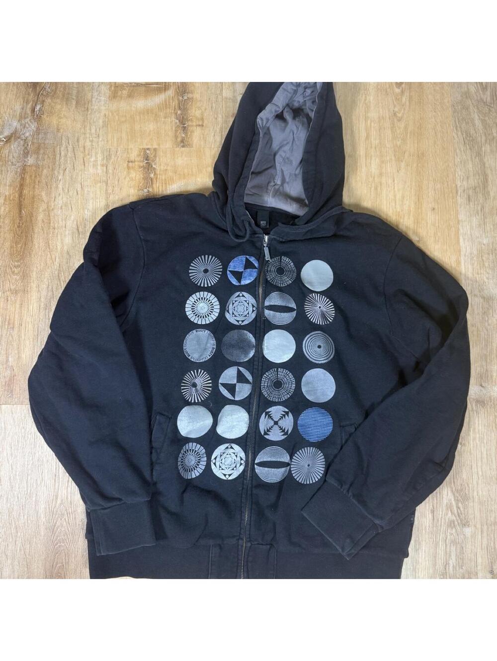 Y2K Rusty Black Graphic Zip-Up Hoodie – Fits L